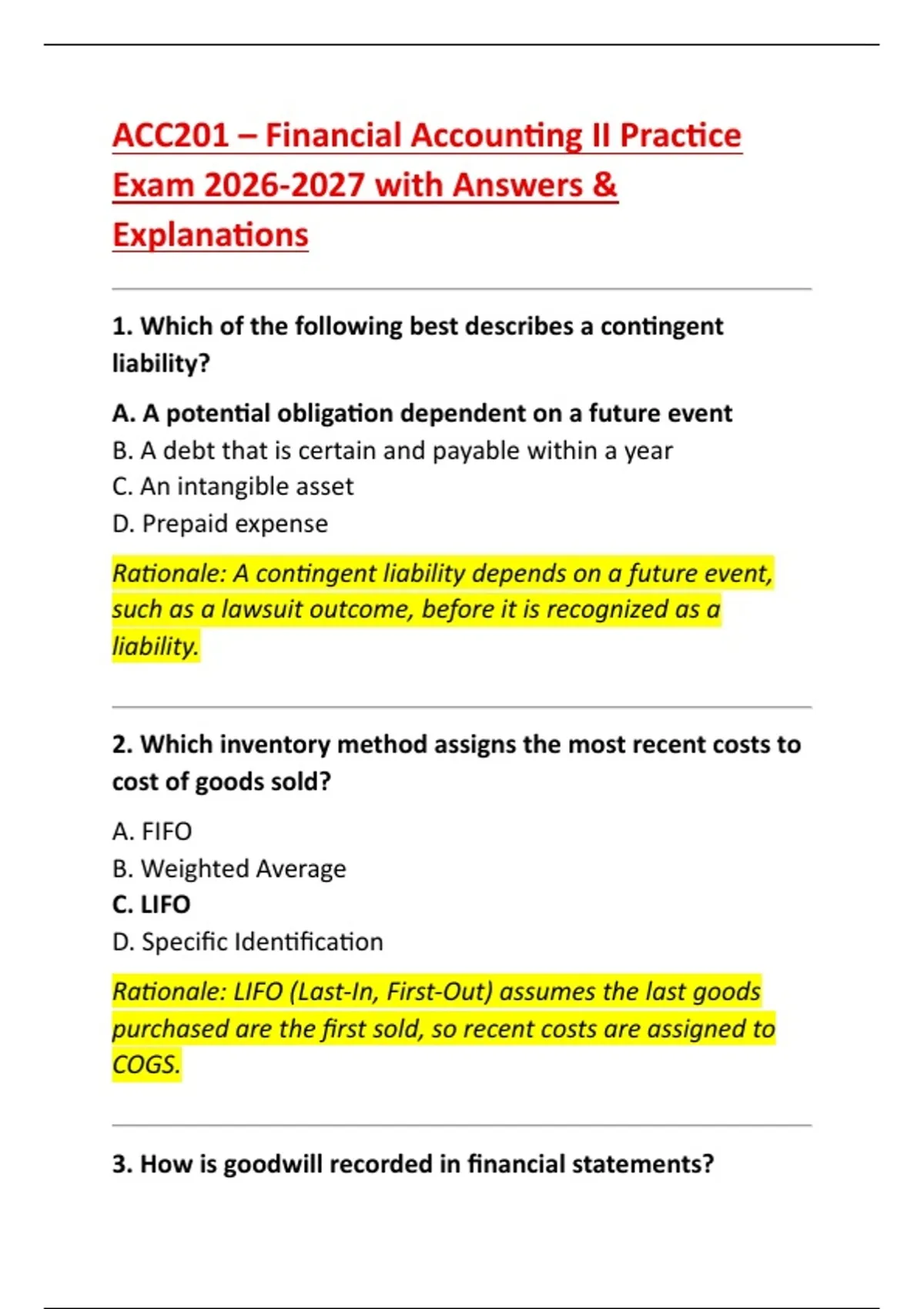 ACC201 – Financial Accounting II Practice Exam with Answers & Detailed ...