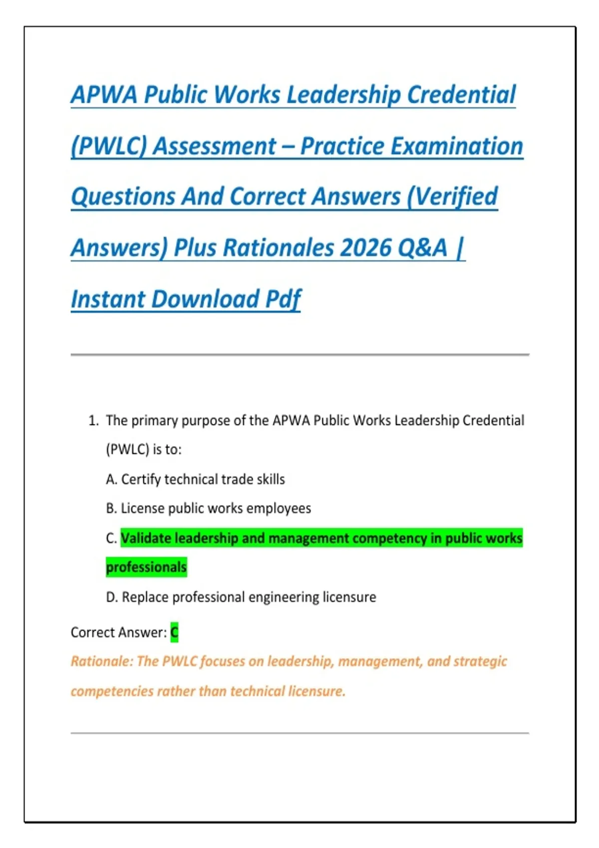 APWA Public Works Leadership Credential (PWLC) Assessment – Practice ...