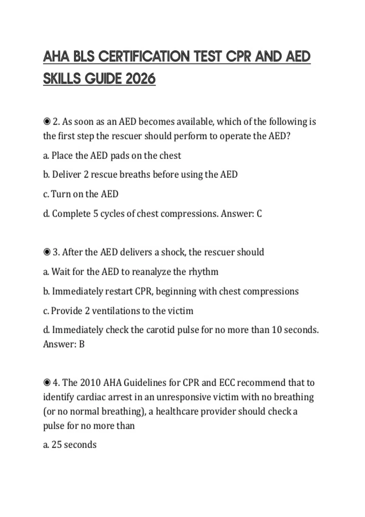 AHA BLS CERTIFICATION TEST CPR AND AED SKILLS GUIDE 2026 - AHA - Stuvia US