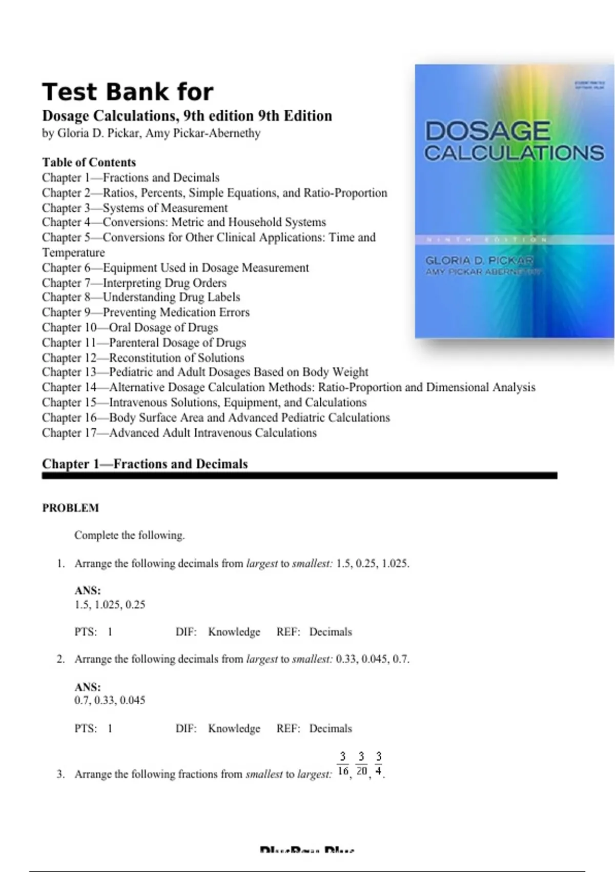 Test Bank for Dosage Calculations 9th Edition by Gloria D. Pickar & Amy ...