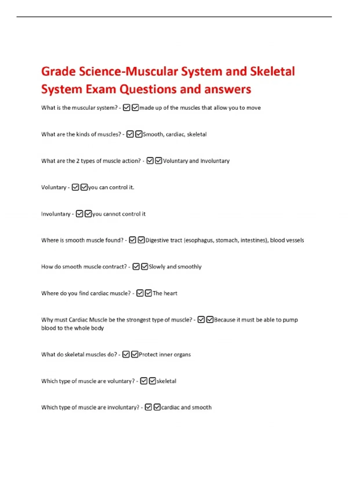 Grade Science-Muscular System and Skeletal System Exam Questions and ...