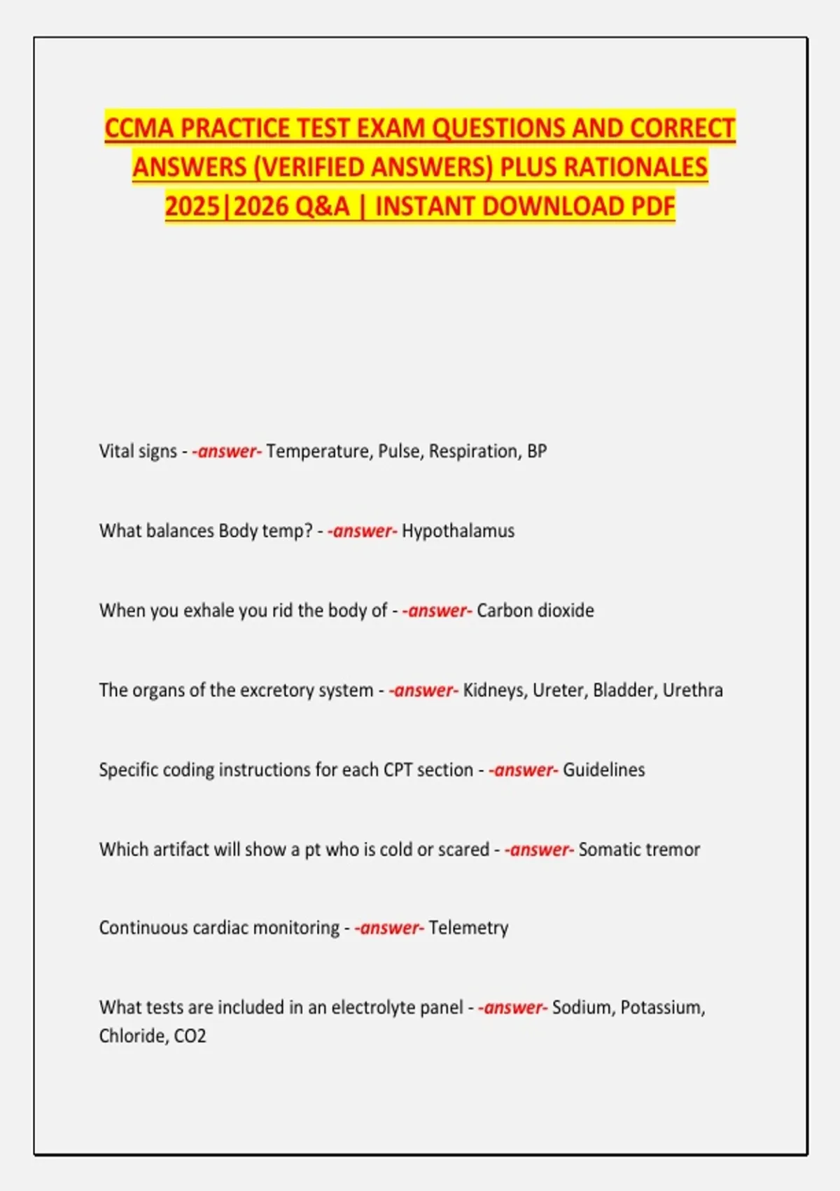 CCMA PRACTICE TEST EXAM QUESTIONS AND CORRECT ANSWERS (VERIFIED ANSWERS ...