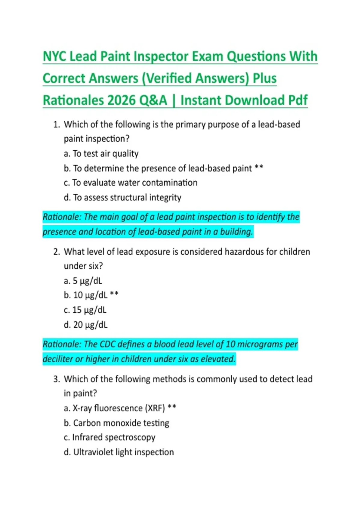 NYC Lead Paint Inspector Exam Questions With Correct Answers (Verified ...