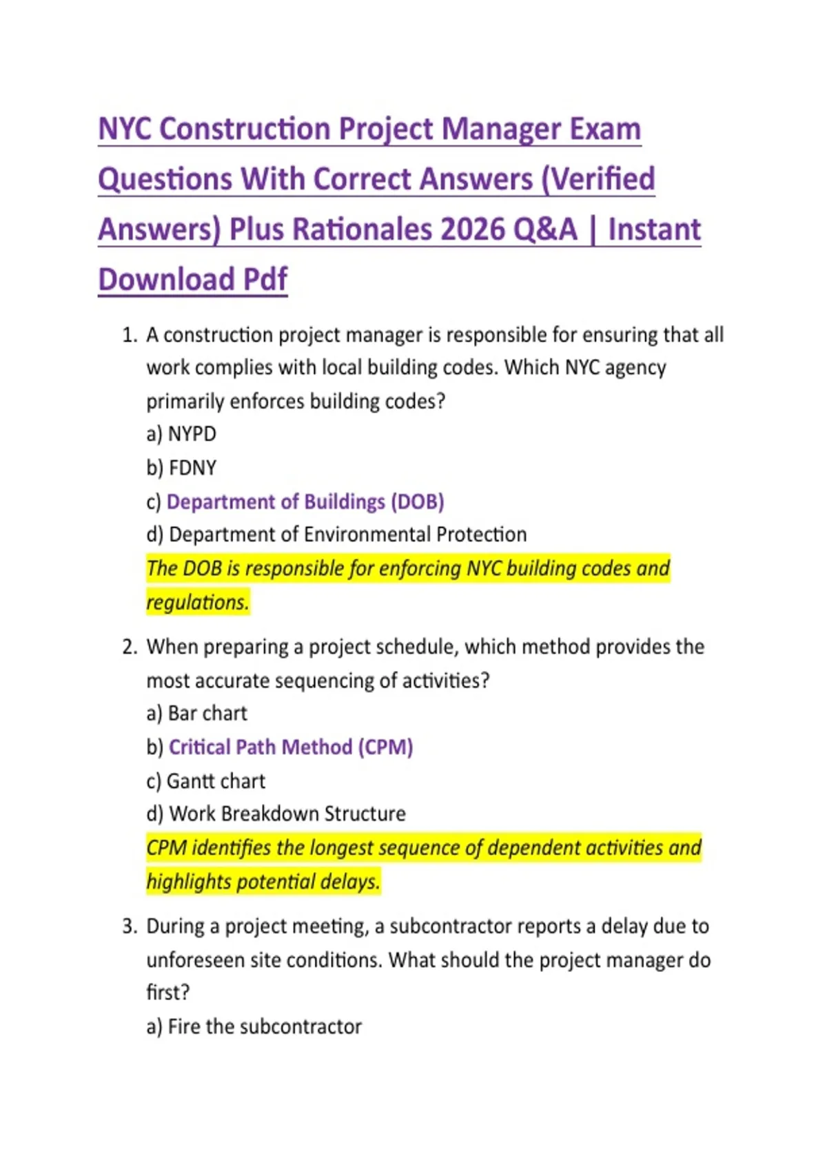 NYC Construction Project Manager Exam Questions With Correct Answers ...
