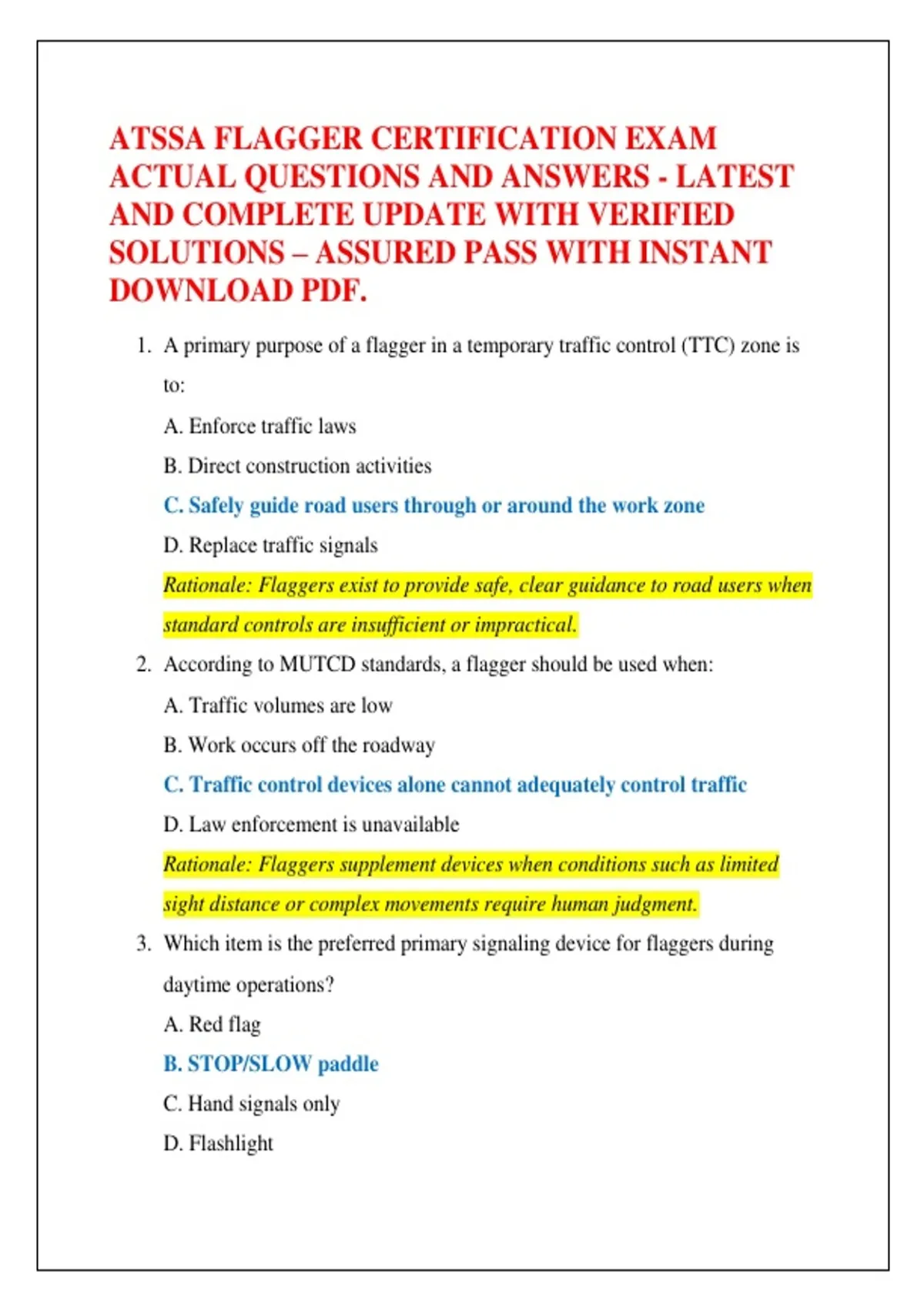 ATSSA FLAGGER CERTIFICATION EXAM ACTUAL QUESTIONS AND ANSWERS - LATEST AND COMPLETE UPDATE WITH ...