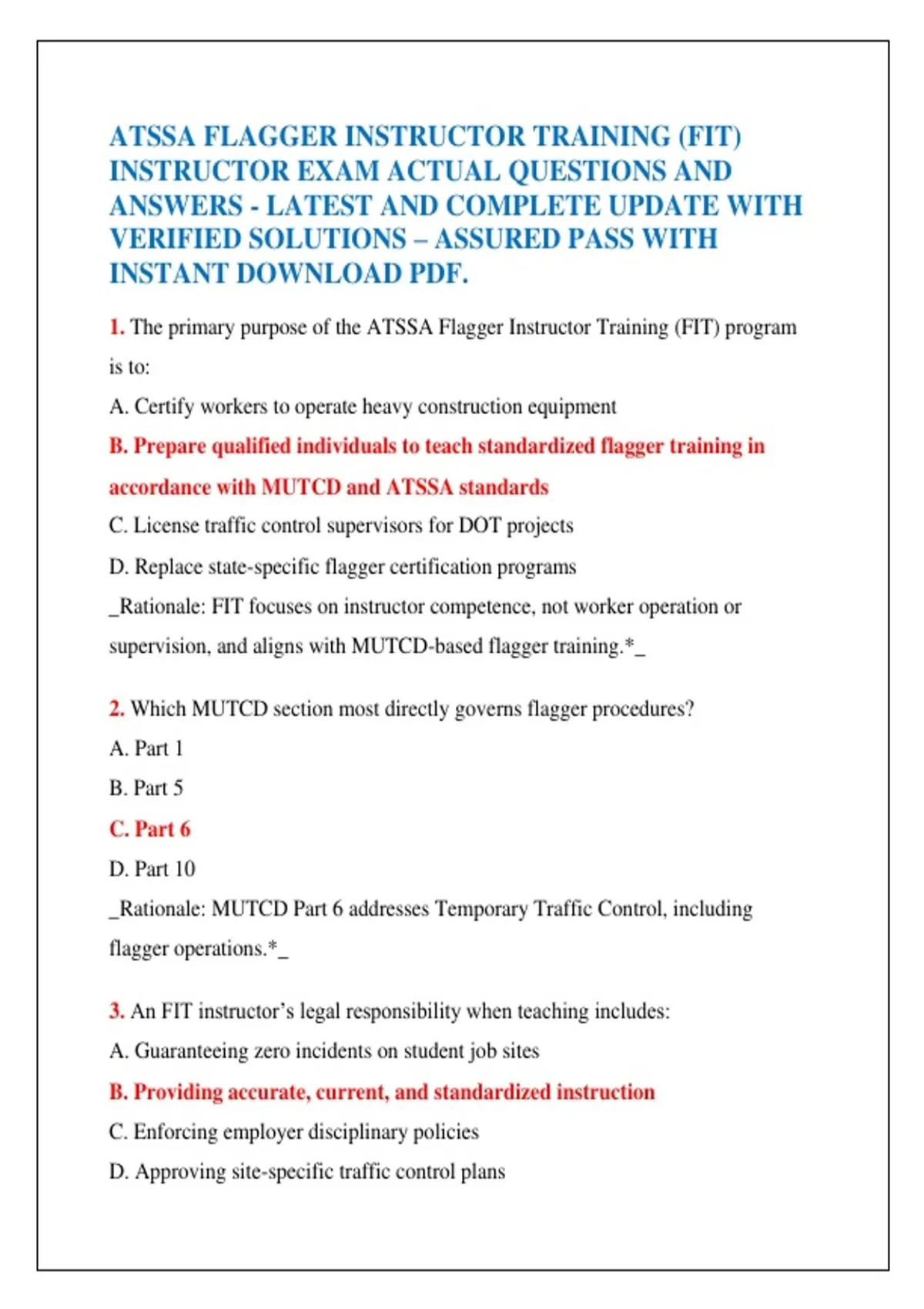 Atssa Training ATSSA FLAGGER INSTRUCTOR TRAINING (FIT) INSTRUCTOR EXAM ACTUAL ...
