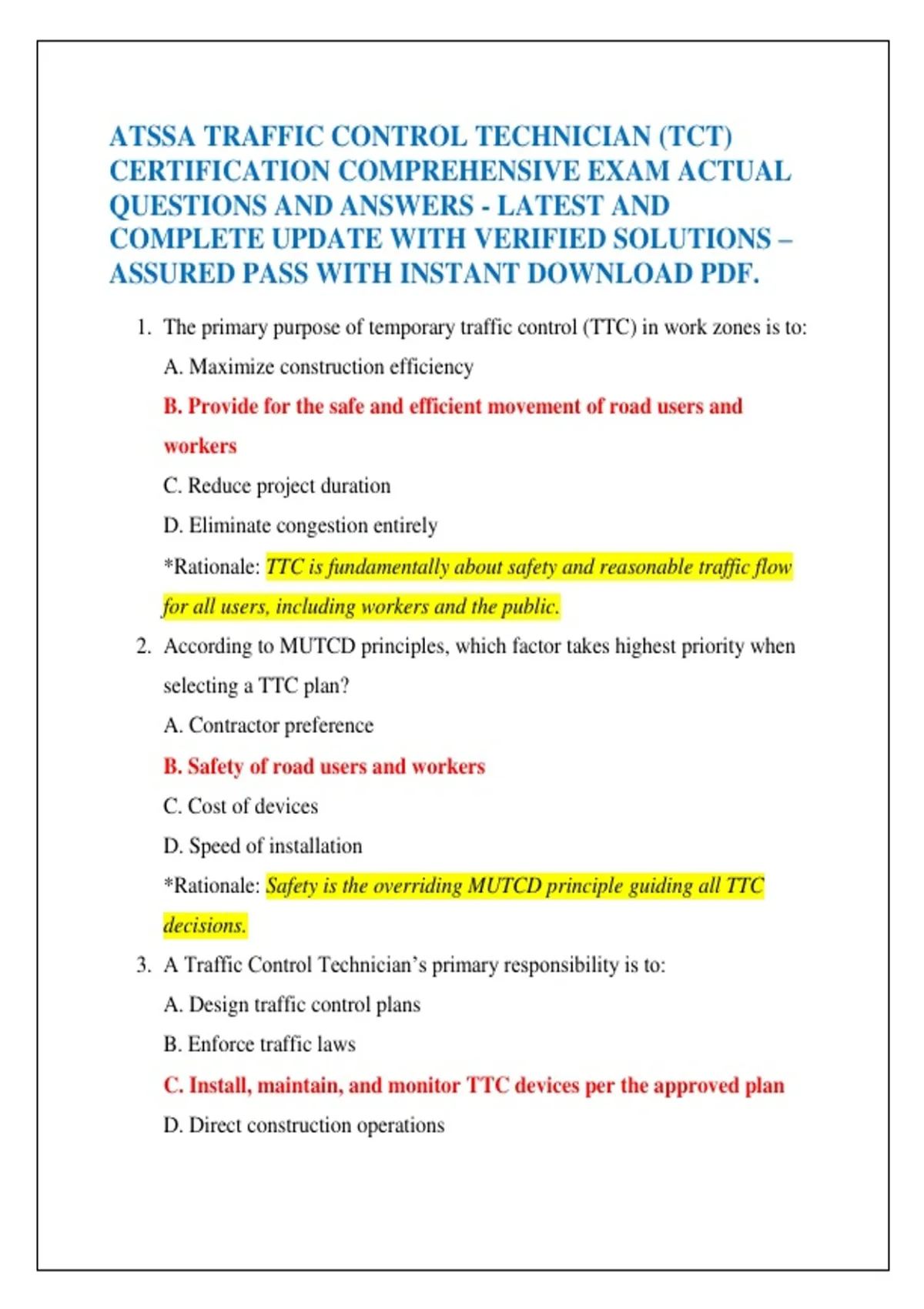 ATSSA TRAFFIC CONTROL TECHNICIAN (TCT) CERTIFICATION COMPREHENSIVE EXAM ...