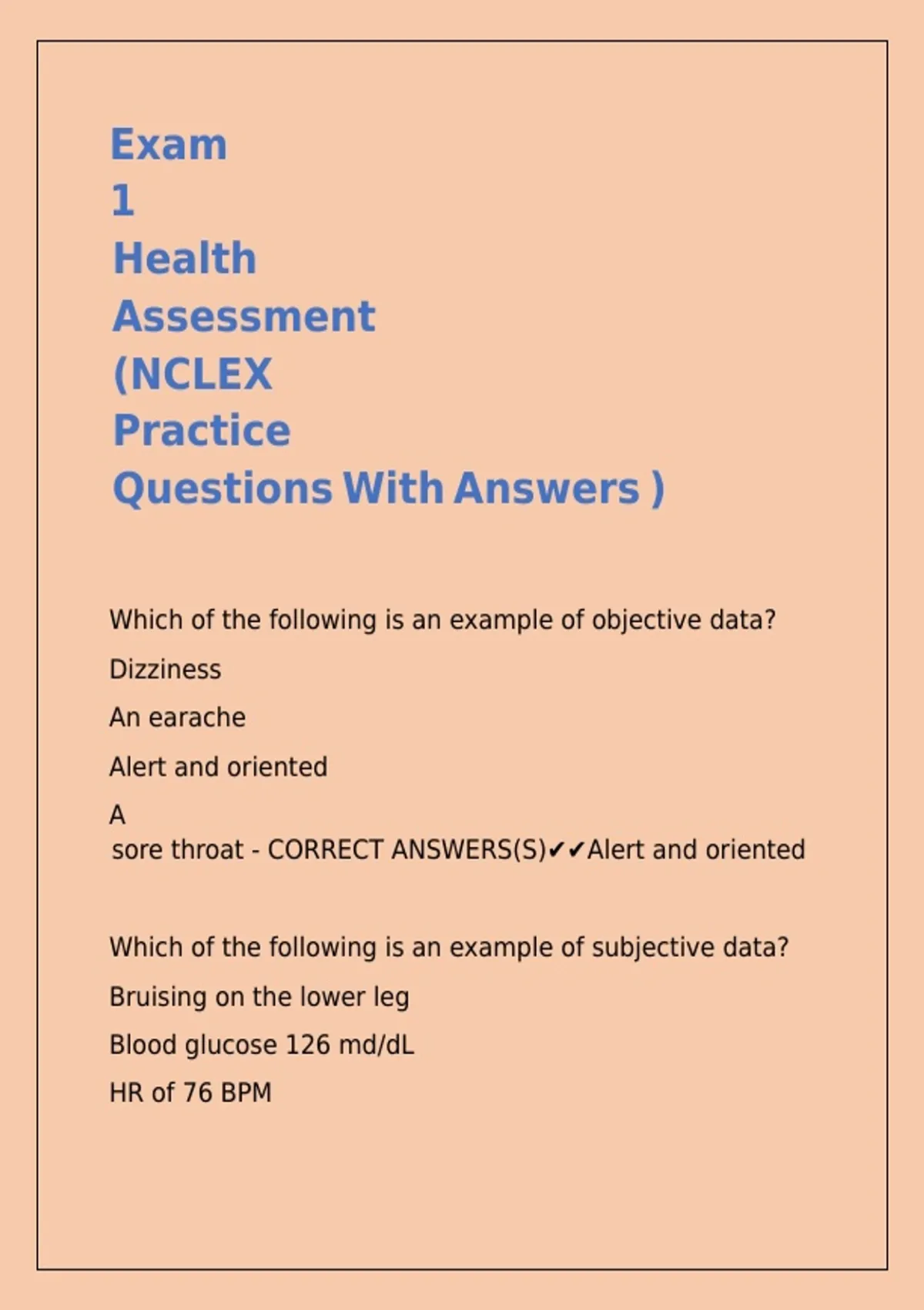 Exam 1 Health Assessment (NCLEX Practice Questions With Answers ...