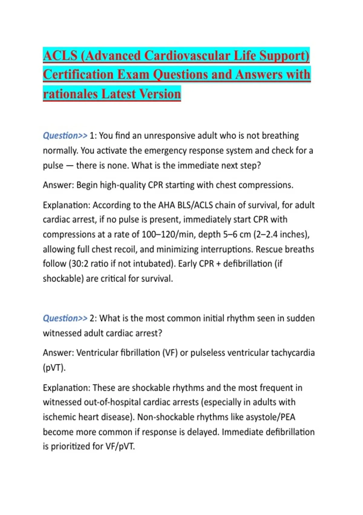 ACLS (Advanced Cardiovascular Life Support) Certification Exam ...