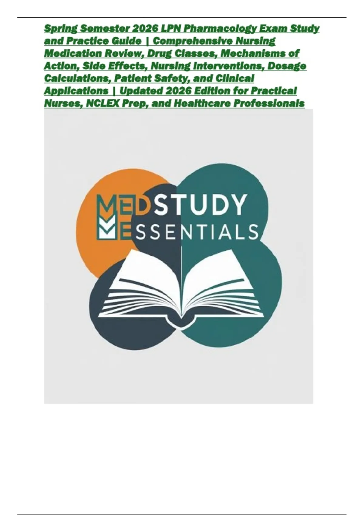 Spring Semester 2026 LPN Pharmacology Exam Study and Practice Guide ...