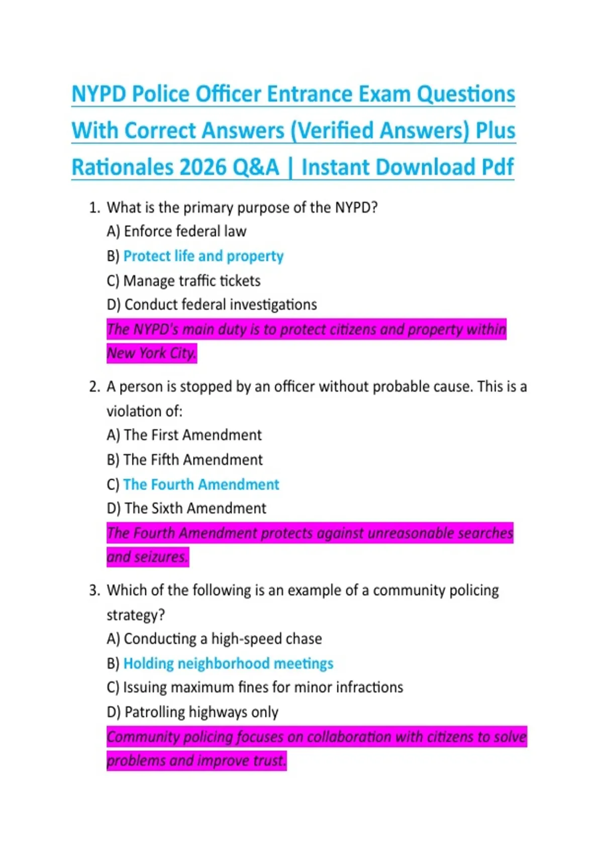 NYPD Police Officer Entrance Exam Questions With Correct Answers ...