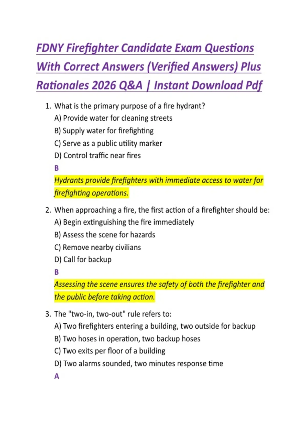 FDNY Firefighter Candidate Exam Questions With Correct Answers (Verified Answers) Plus ...