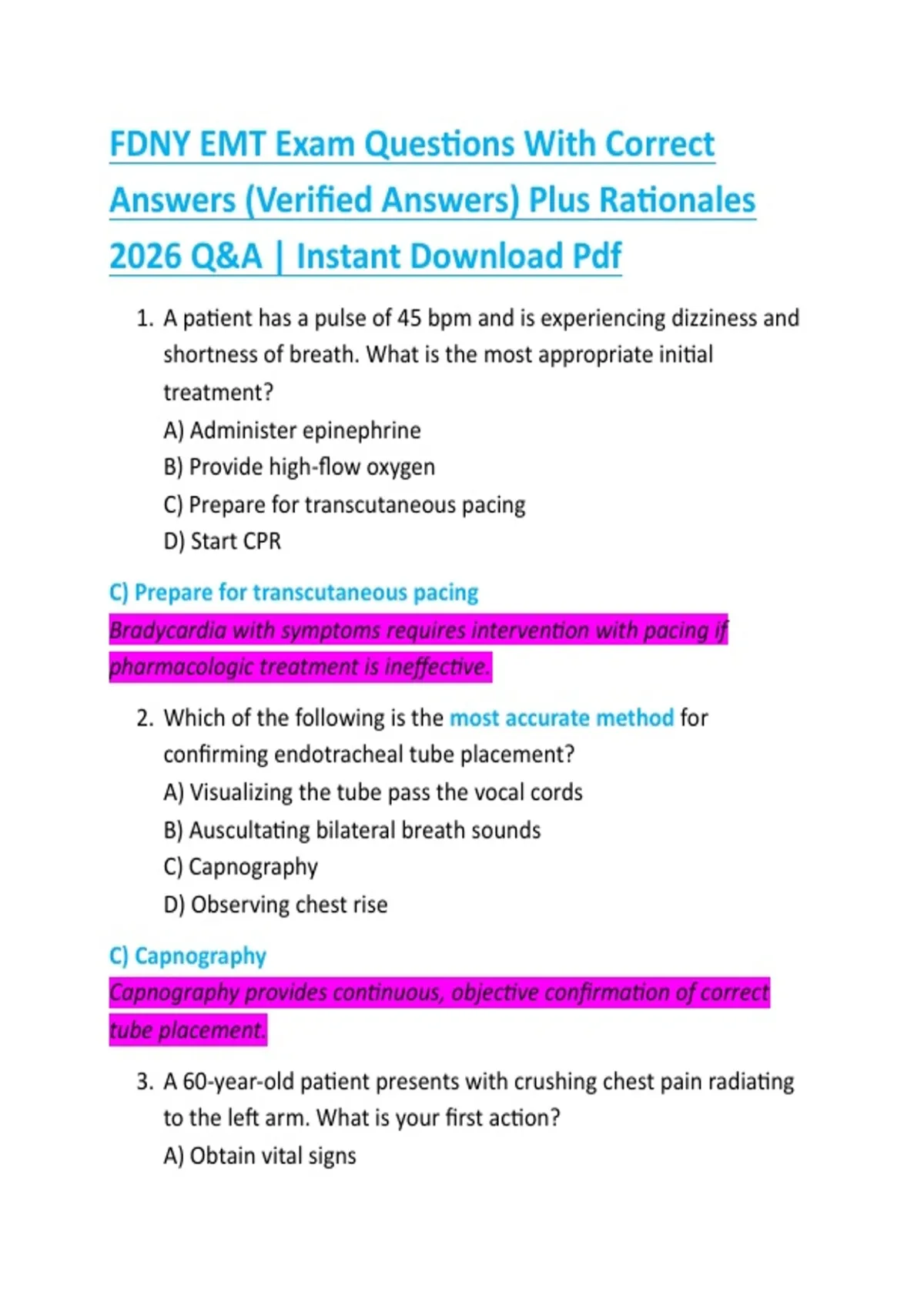 FDNY EMT Exam Questions With Correct Answers (Verified Answers) Plus Rationales 2026 Q&A ...