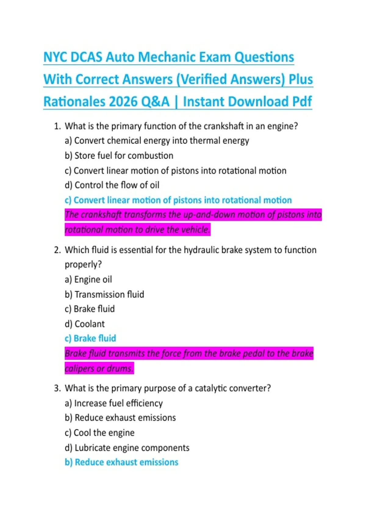 NYC DCAS Auto Mechanic Exam Questions With Correct Answers (Verified ...