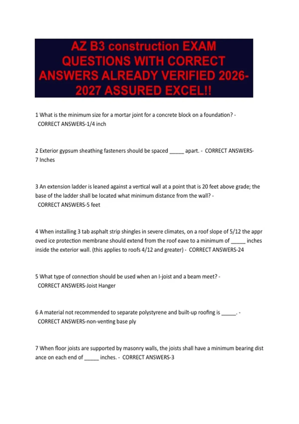 Z B3 construction EXAM QUESTIONS WITH CORRECT ANSWERS ALREADY VERIFIED ...