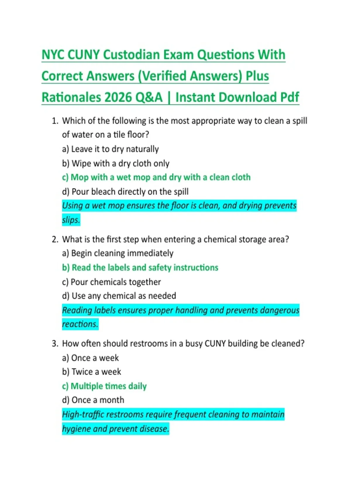 NYC CUNY Custodian Exam Questions With Correct Answers (Verified ...
