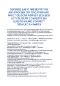DEFENSE BASIC PRESERVATION  AND PACKING CERTIFICATION AND  PRACTICE EXAM NEWEST 2025-2026  ACTUAL EXAM COMPLETE 200  QUESTIONS AND CORRECT  DETAILED ANSWERS