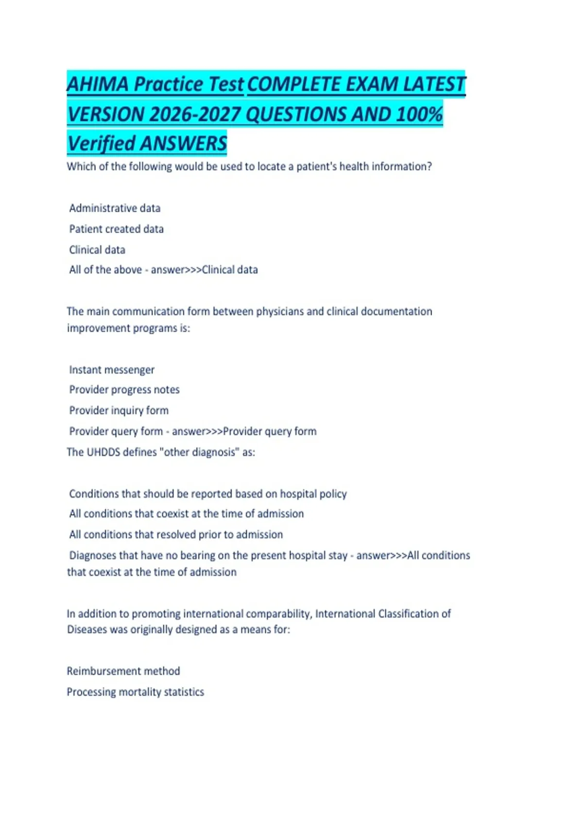 AHIMA Practice Test COMPLETE EXAM LATEST VERSION QUESTIONS AND 100 ...