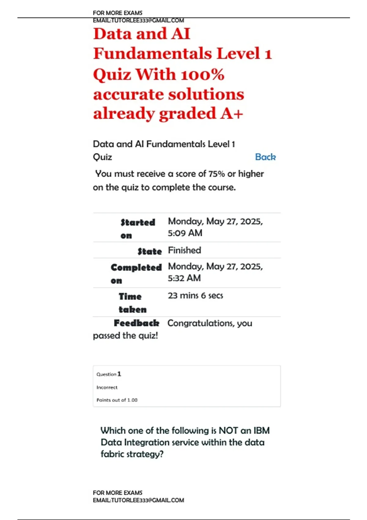 Data and AI Fundamentals Level 1 Quiz With 100% accurate solutions ...