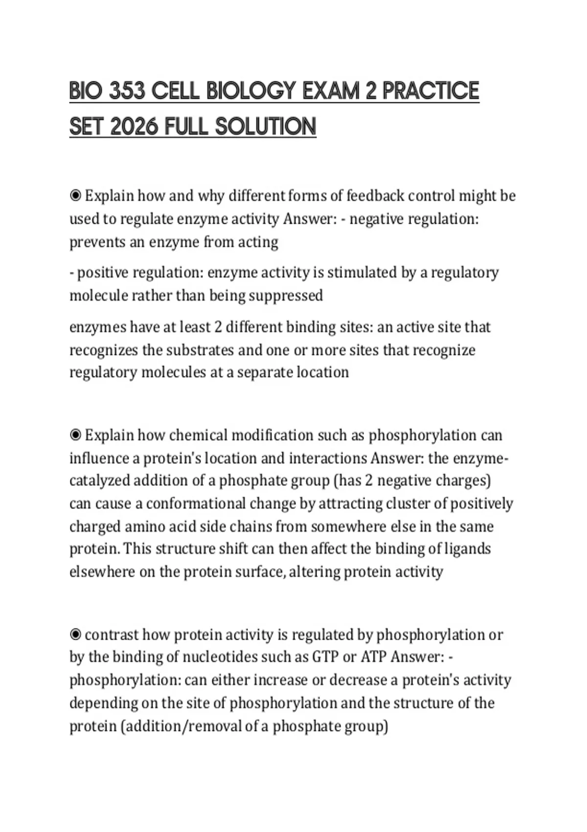 BIO 353 CELL BIOLOGY EXAM 2 PRACTICE SET 2026 FULL SOLUTION - BIO 202 ...