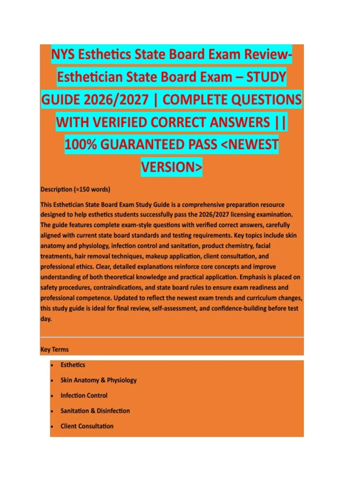 NYS Esthetics State Board Exam Review - NEW YORK ESTHETICIAN EXAM STUDY GUIDE ACCURATE QUESTIONS ...