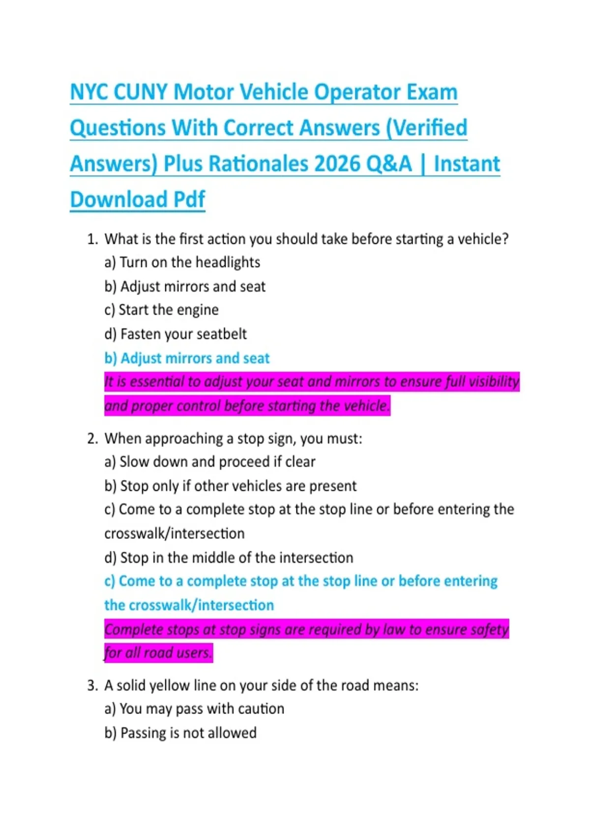 NYC CUNY Motor Vehicle Operator Exam Questions With Correct Answers (Verified Answers) Plus ...
