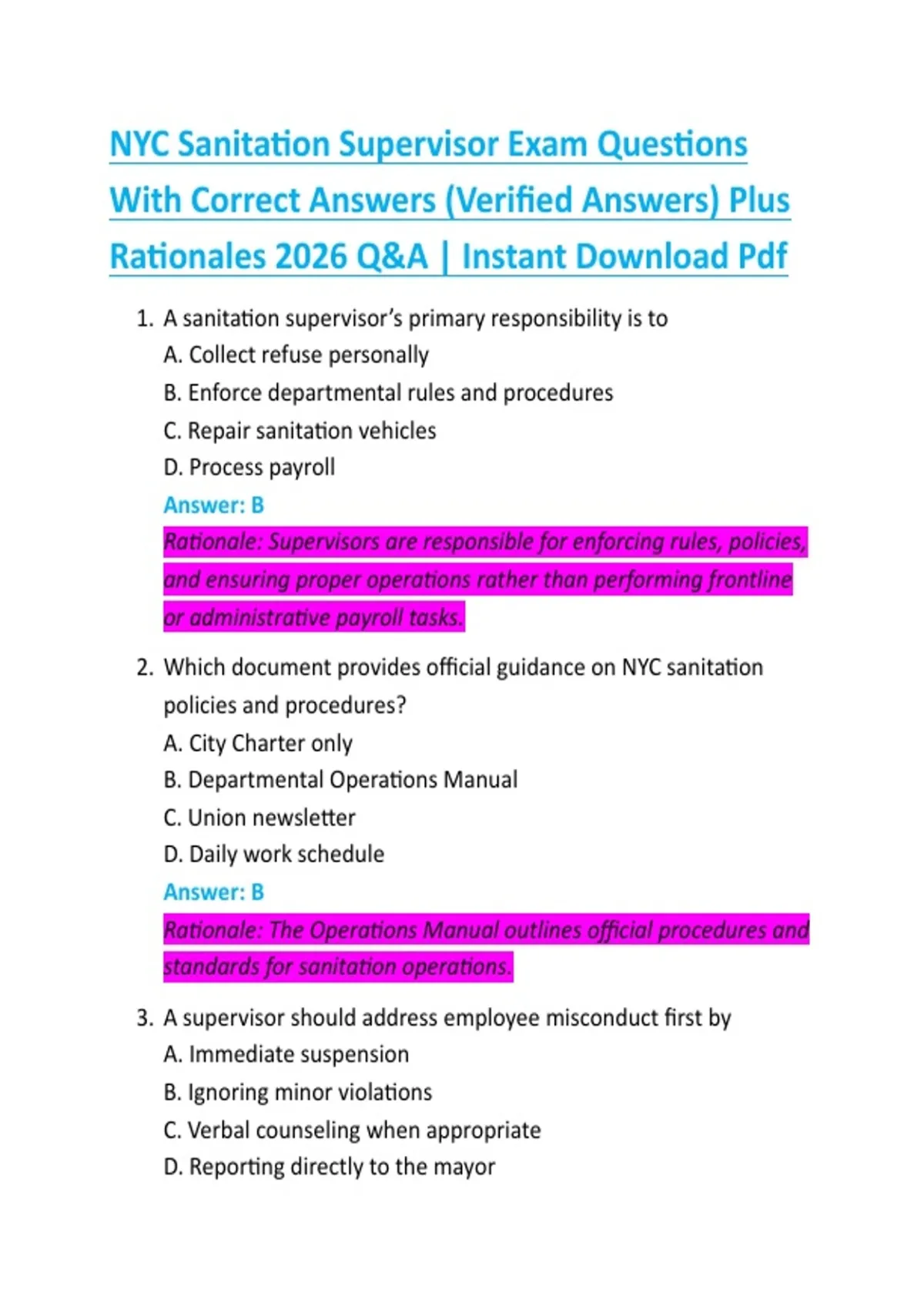 NYC Sanitation Supervisor Exam Questions With Correct Answers (Verified ...
