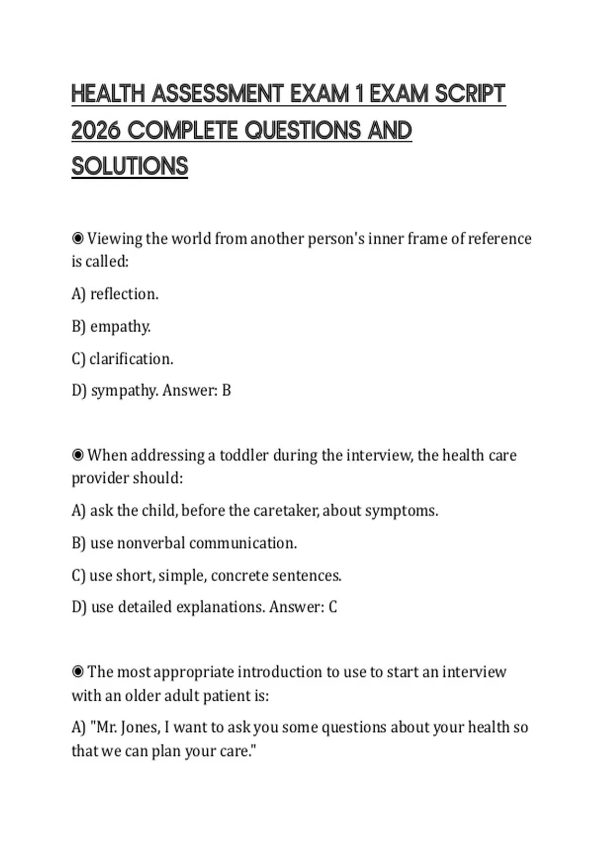 Script Sheet Exam HEALTH ASSESSMENT EXAM 1 EXAM SCRIPT 2026 COMPLETE QUESTIONS AND ...