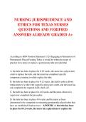 NURSING JURISPRUDENCE AND  ETHICS FOR TEXAS NURSES  QUESTIONS AND VERIFIED  ANSWERS ALREADY GRADED A&plus;