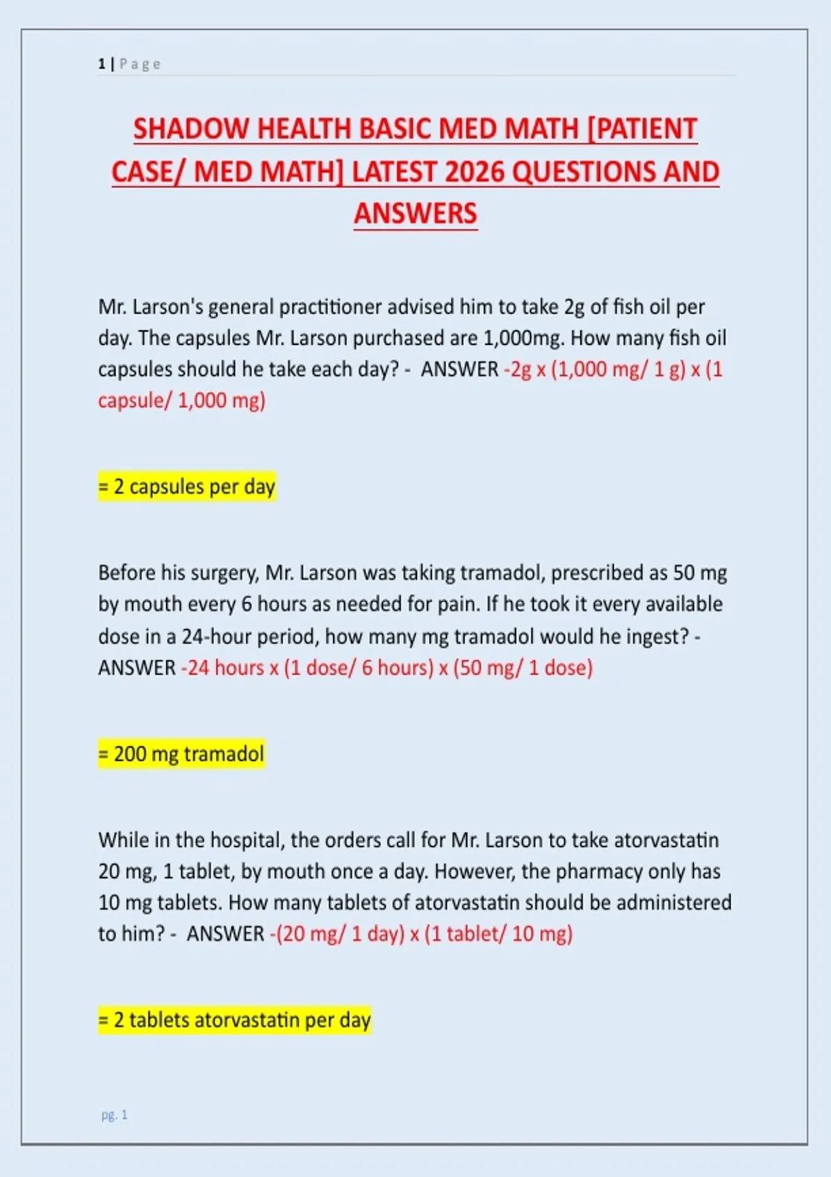 SHADOW HEALTH BASIC MED MATH [PATIENT CASE/ MED MATH] LATEST 2026 ...