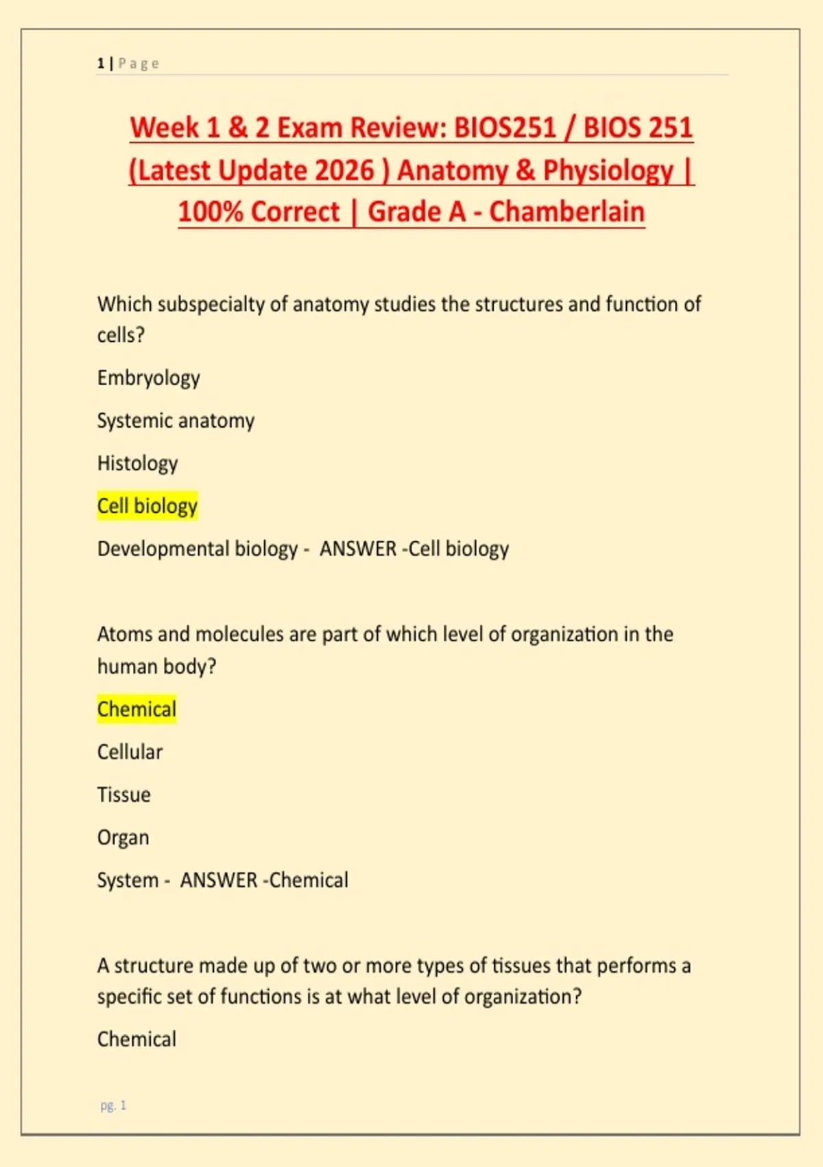 Week 1 & 2 Exam Review: BIOS251 / BIOS 251 (Latest Update 2026 ...