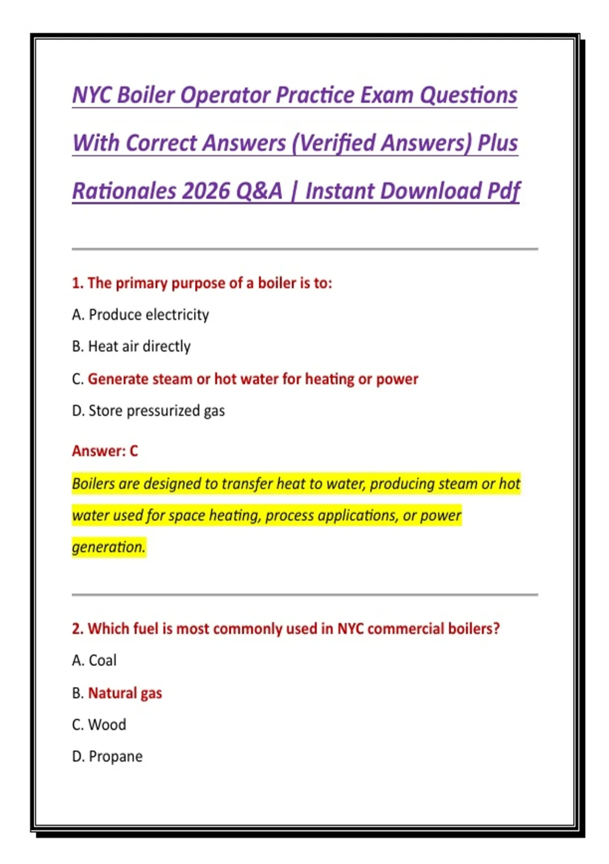 NYC Boiler Operator Practice Exam Questions With Correct Answers (Verified Answers) Plus ...