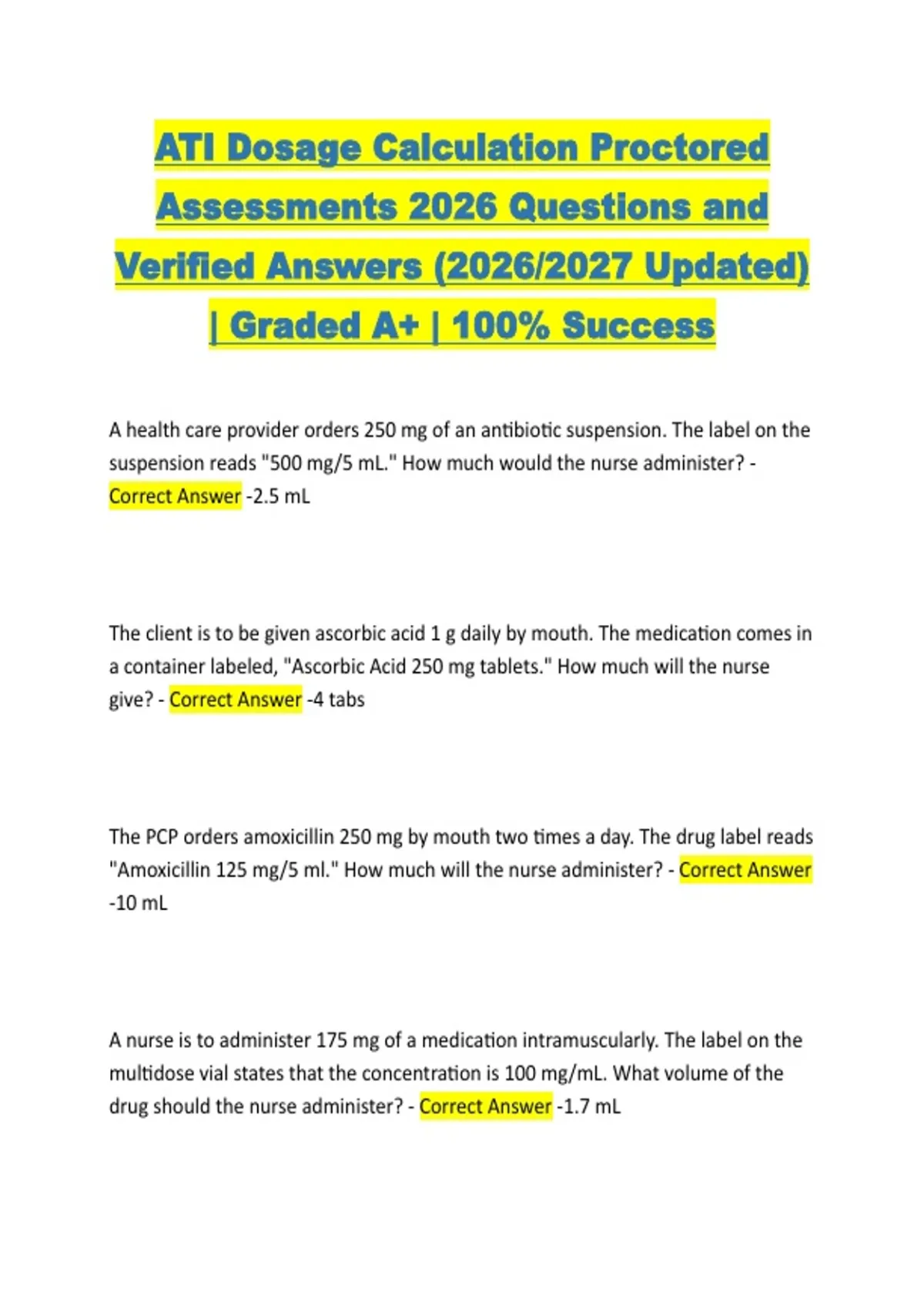 ATI Dosage Calculation Proctored Assessments 2026 Questions and ...
