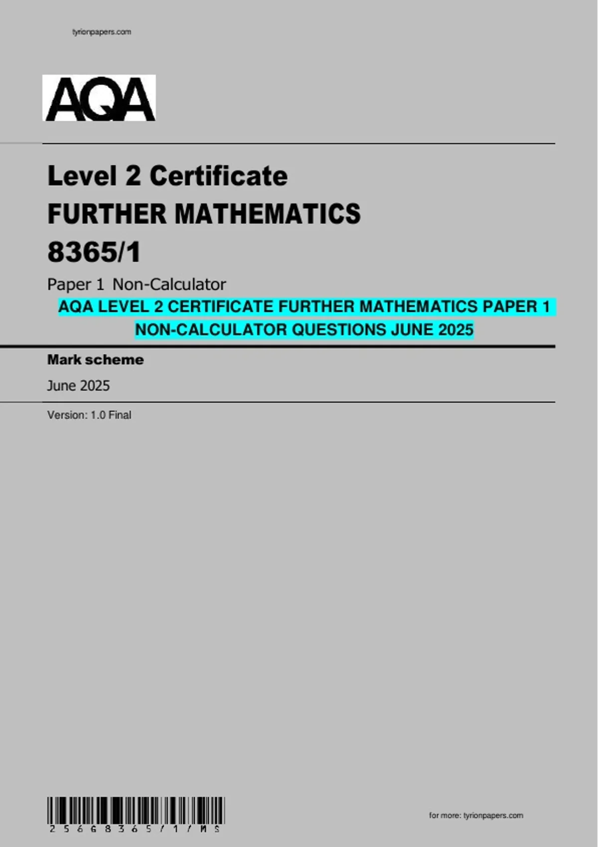 AQA LEVEL 2 CERTIFICATE FURTHER MATHEMATICS PAPER 1 NON-CALCULATOR ...