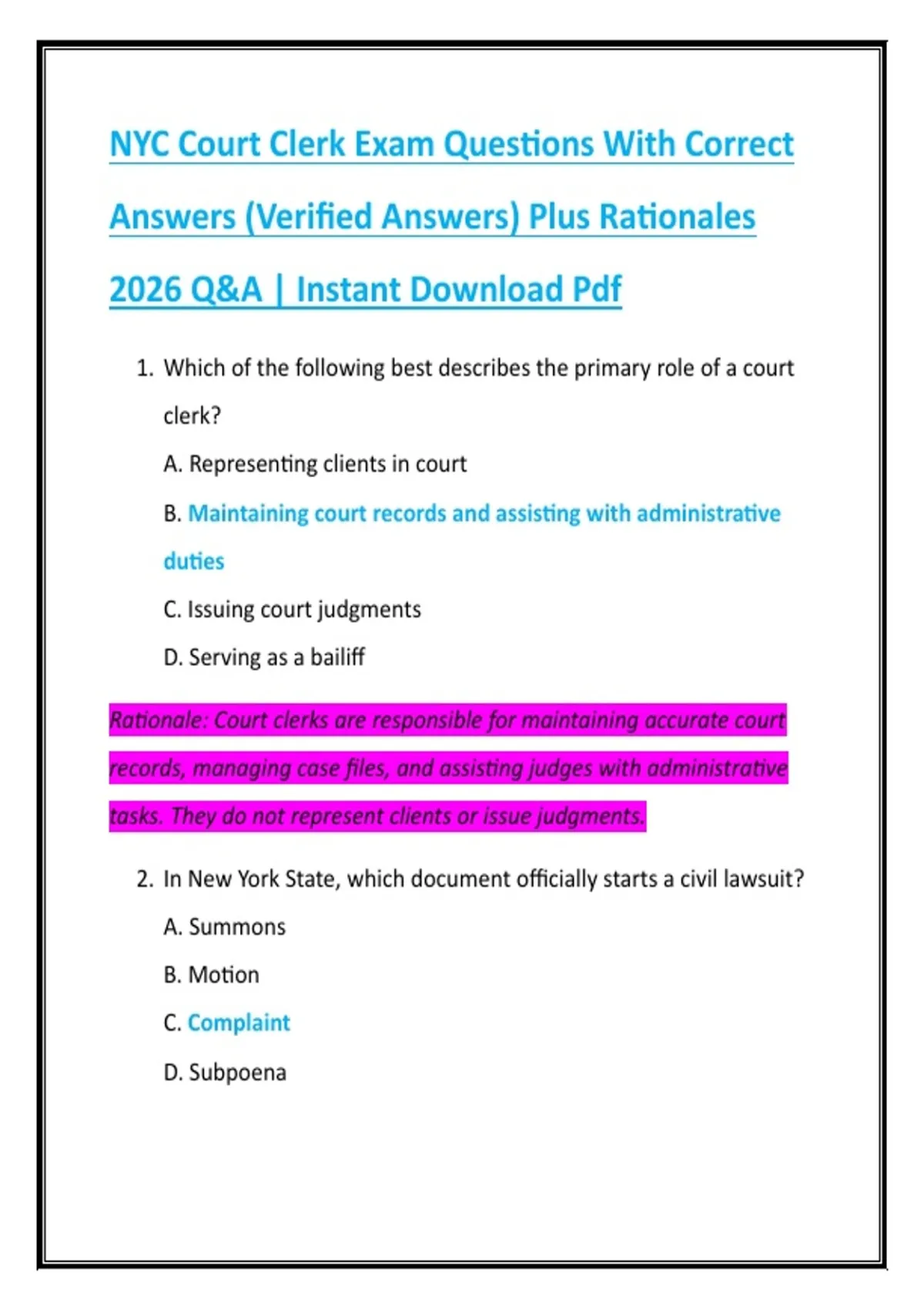 NYC Court Clerk Exam Questions With Correct Answers (Verified Answers) Plus Rationales 2026 Q&A ...