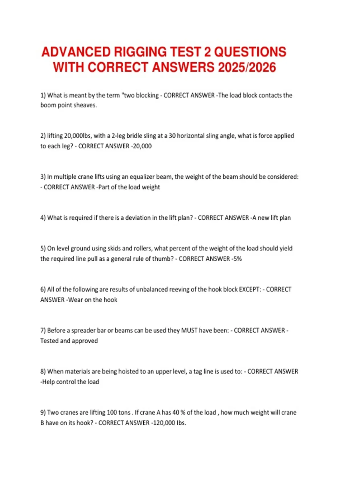 Advanced Rigger Practice Test ADVANCED RIGGING TEST 2 QUESTIONS WITH CORRECT ANSWERS 2025/2026 ...