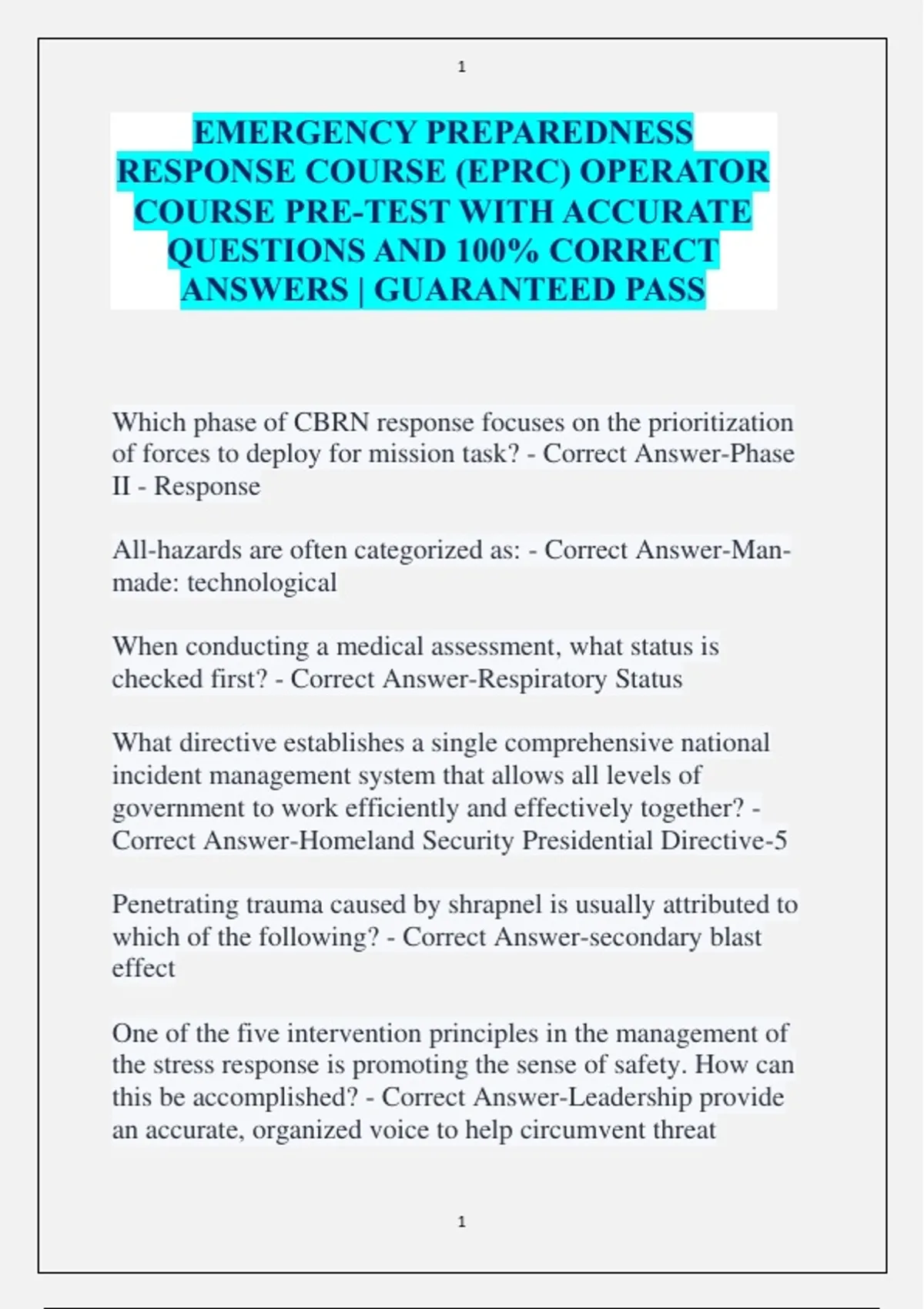 EMERGENCY PREPAREDNESS RESPONSE COURSE (EPRC) OPERATOR COURSE PRE-TEST ...