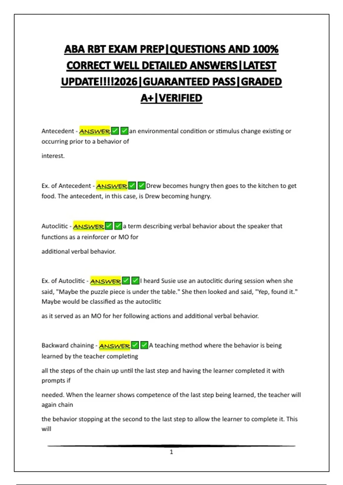 ABA RBT EXAM PREP|QUESTIONS AND 100% CORRECT WELL DETAILED ANSWERS ...