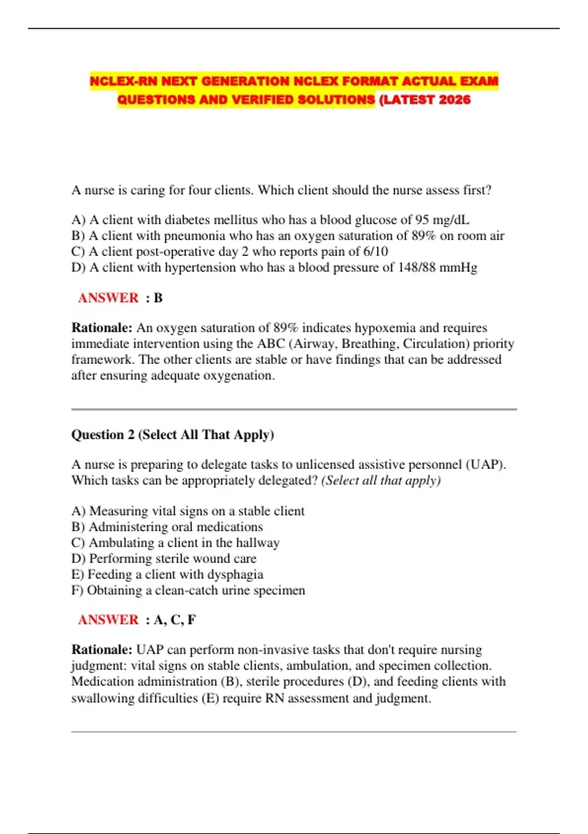 NCLEX-RN NEXT GENERATION NCLEX FORMAT ACTUAL EXAM QUESTIONS AND ...