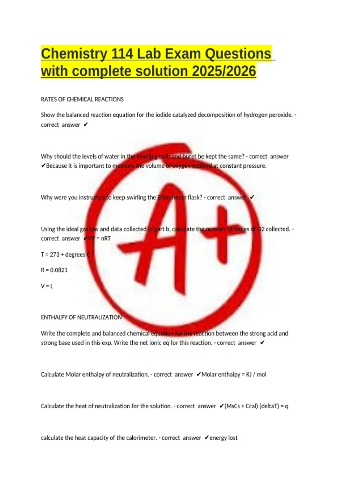 Chemistry 114 Lab Exam Questions with complete solution 2025/2026 ...