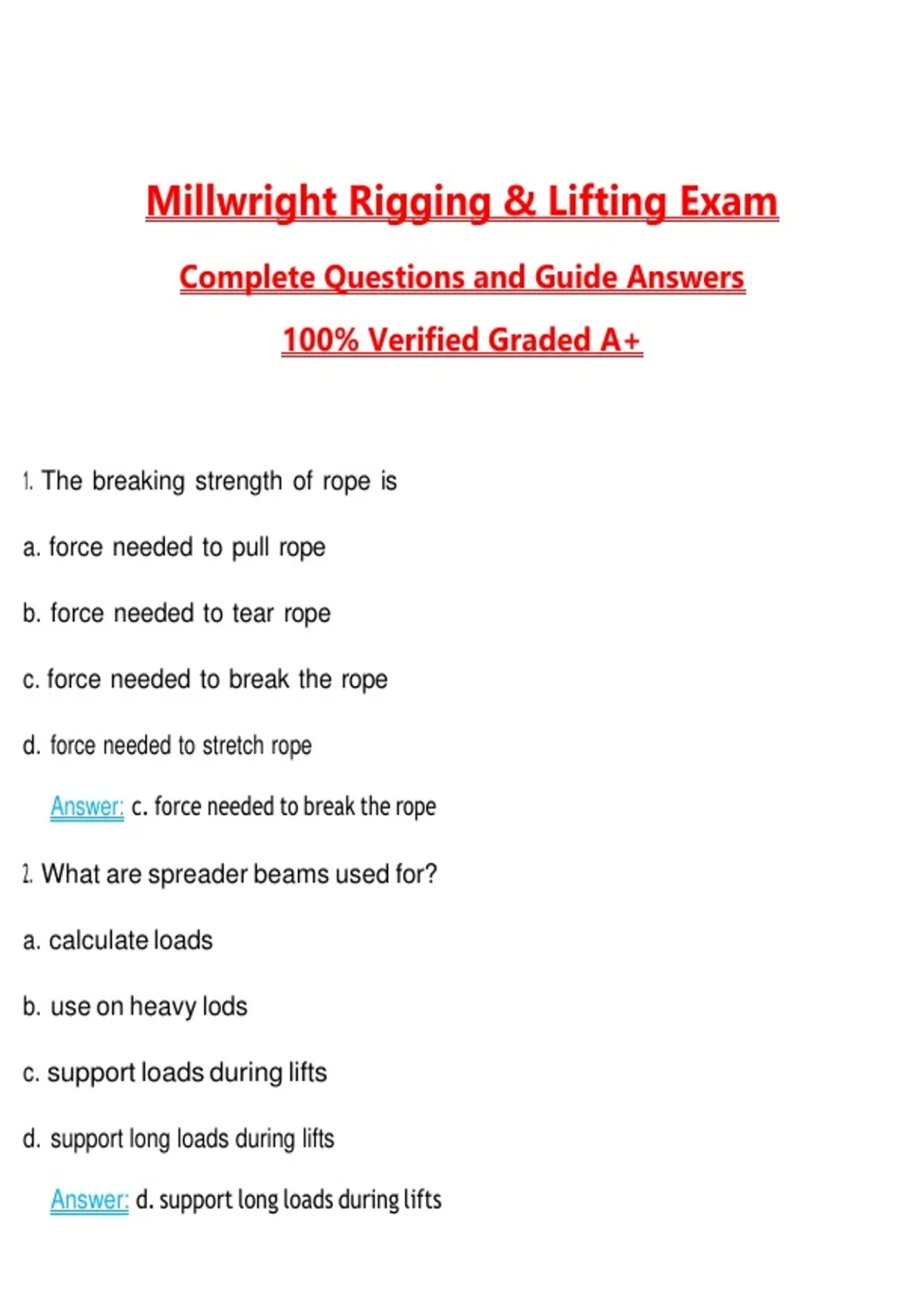 Millwright Rigging & Lifting Exam Questions with Correct Answers Pass ...
