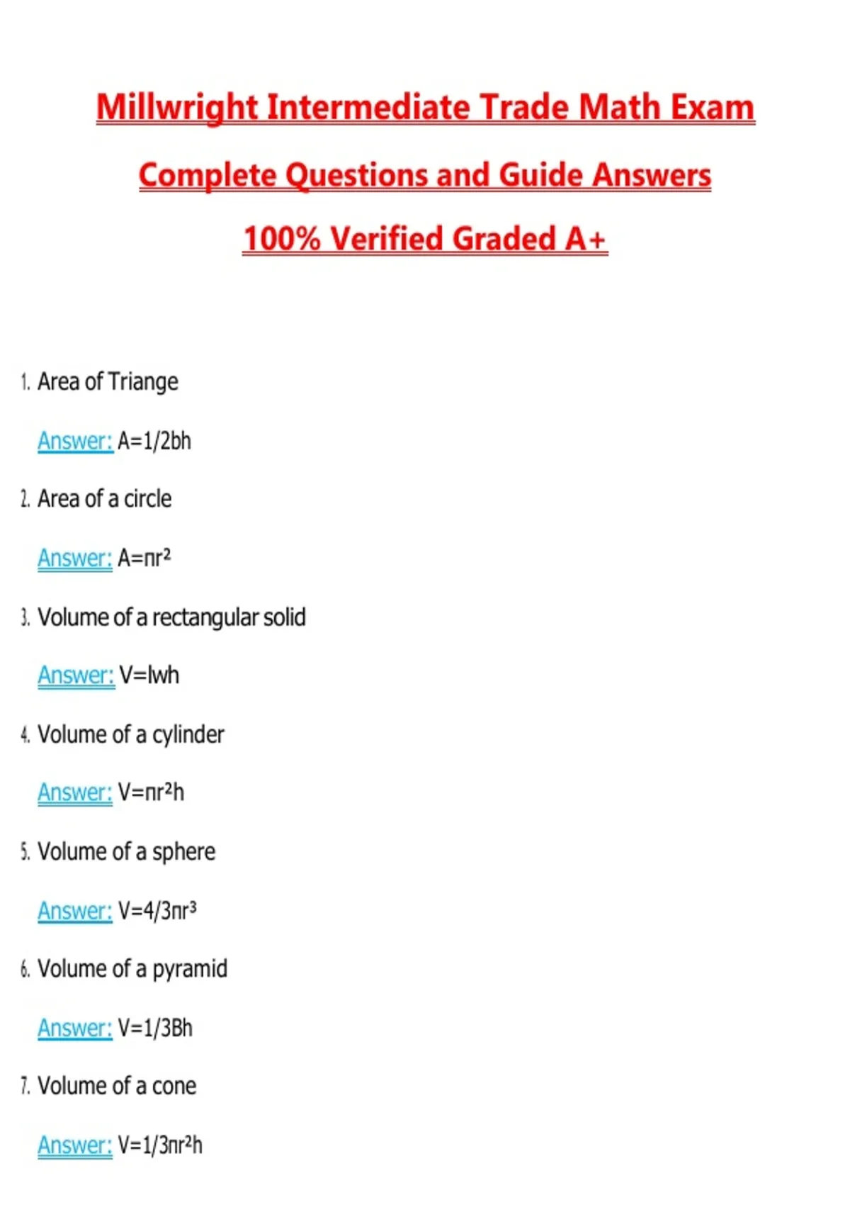 Trades Math Test Millwright Intermediate Trade Math Exam Questions with Correct Answers ...
