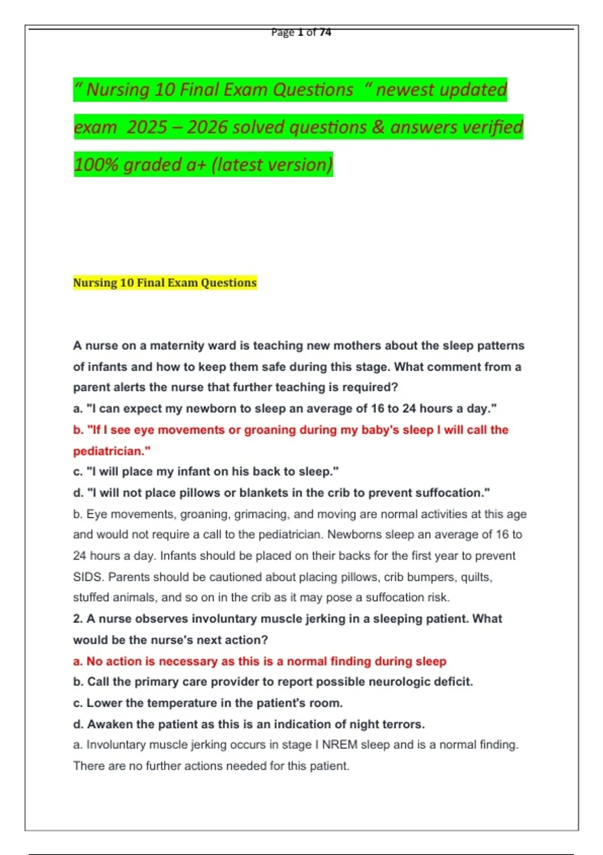 Nursing 10 Final Exam Questions “ newest updated exam 2025 – 2026 ...
