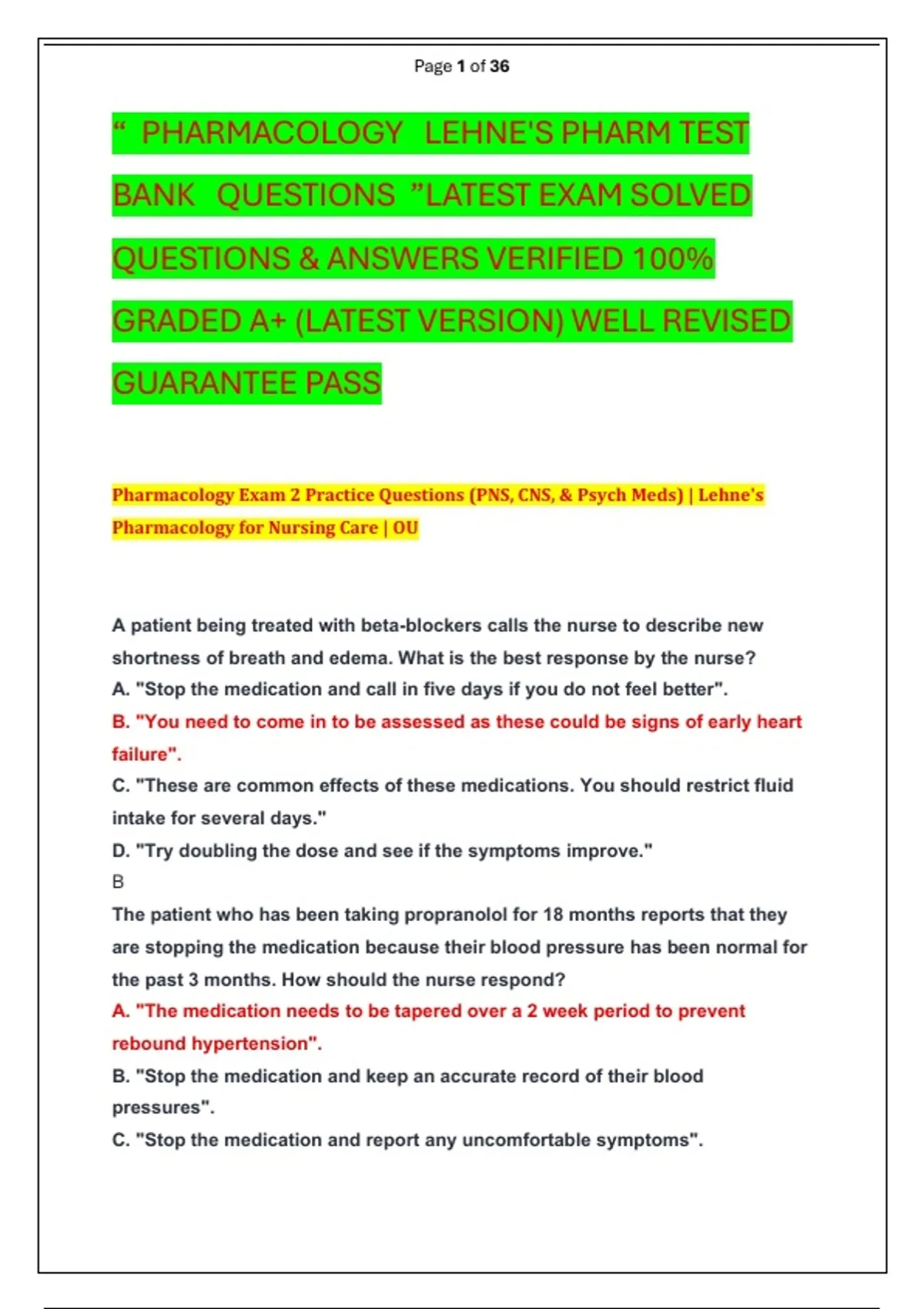 PHARMACOLOGY LEHNE'S PHARM TEST BANK QUESTIONS ”LATEST EXAM SOLVED ...