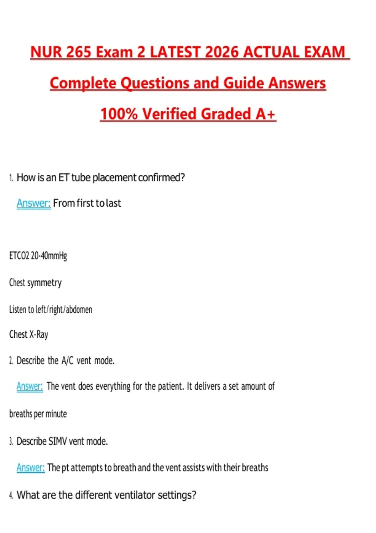 NUR 265 Exam 2 Questions with Correct Answers Pass the Exam, 100% ...