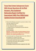 Texas Real Estate Salesperson Exam With Actual Questions & Verified Answers&comma; Plus Explained Rationales&sol;Expert Verified For Guaranteed 100&percnt; Pass 2026&sol;Latest Update&sol;Instant Download Pdf