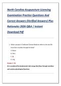 North Carolina Acupuncture Licensing  Examination Practice Questions And  Correct Answers &lpar;Verified Answers&rpar; Plus  Rationales 2026 Q&A &vert; Instant  Download Pdf 