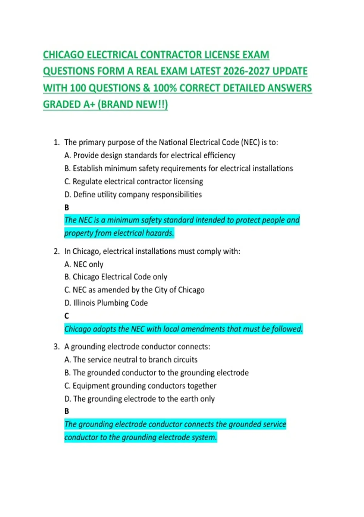 CHICAGO ELECTRICAL CONTRACTOR LICENSE EXAM QUESTIONS FORM A REAL EXAM LATEST UPDATE WITH 100 ...