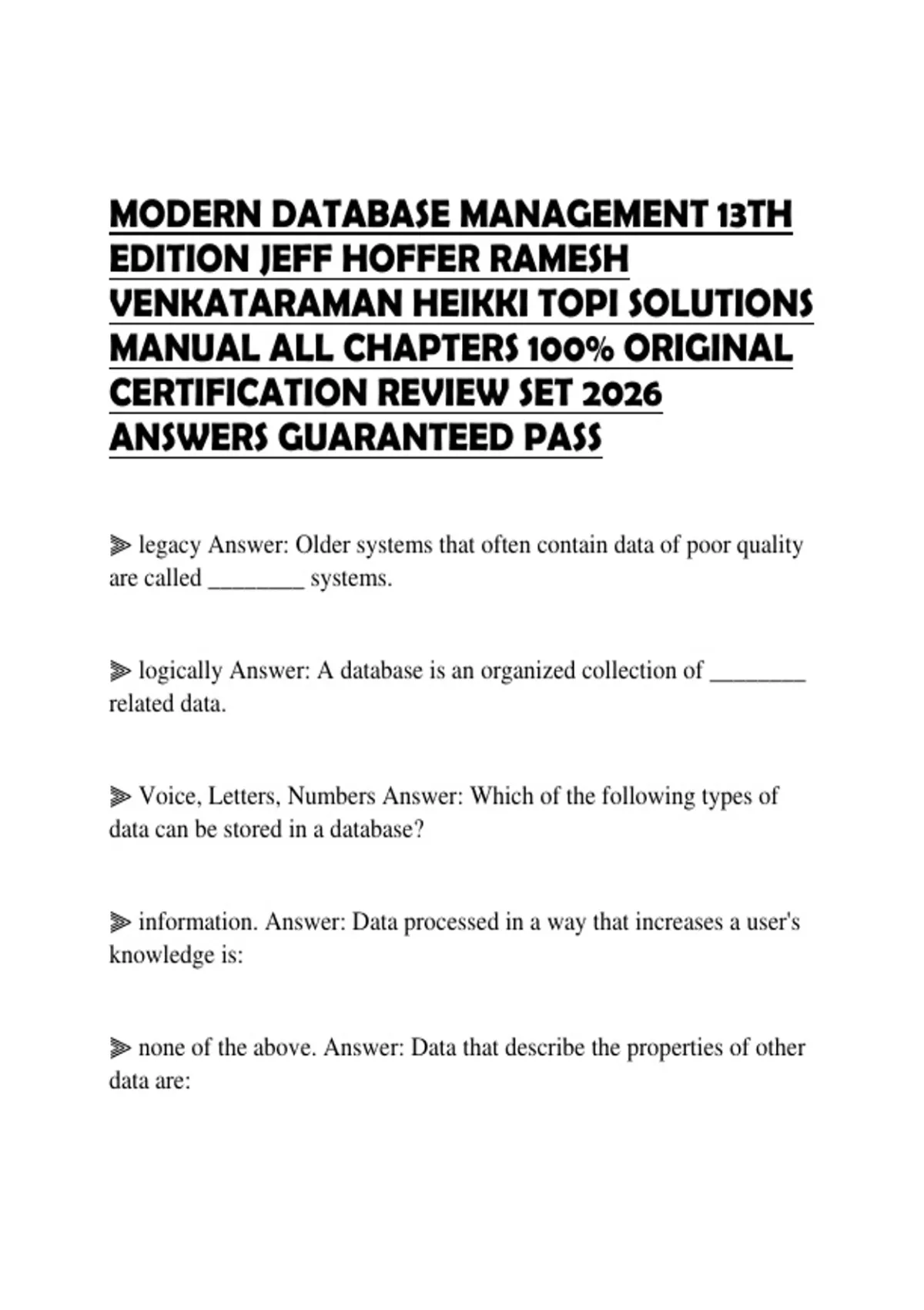 All Chapters MODERN DATABASE MANAGEMENT 13TH EDITION JEFF HOFFER RAMESH VENKATARAMAN ...