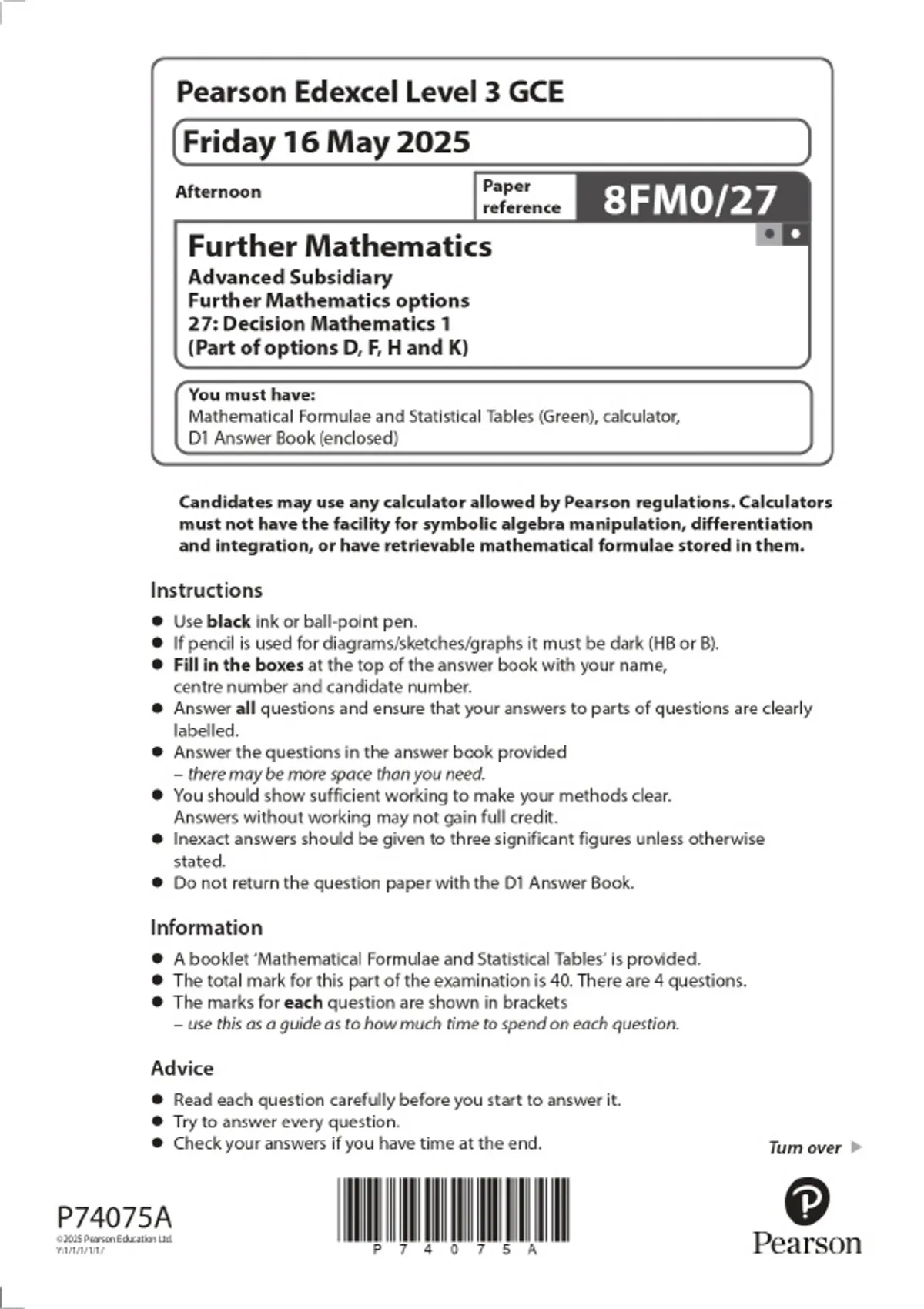 2025 Pearson Edexcel Level 3 GCE Further Mathematics Advanced ...